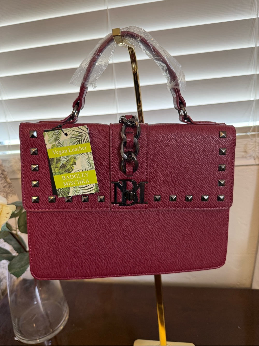 Badgley Mischka Deep Wine Vegan Leather Studded Top-Handle Satchel
